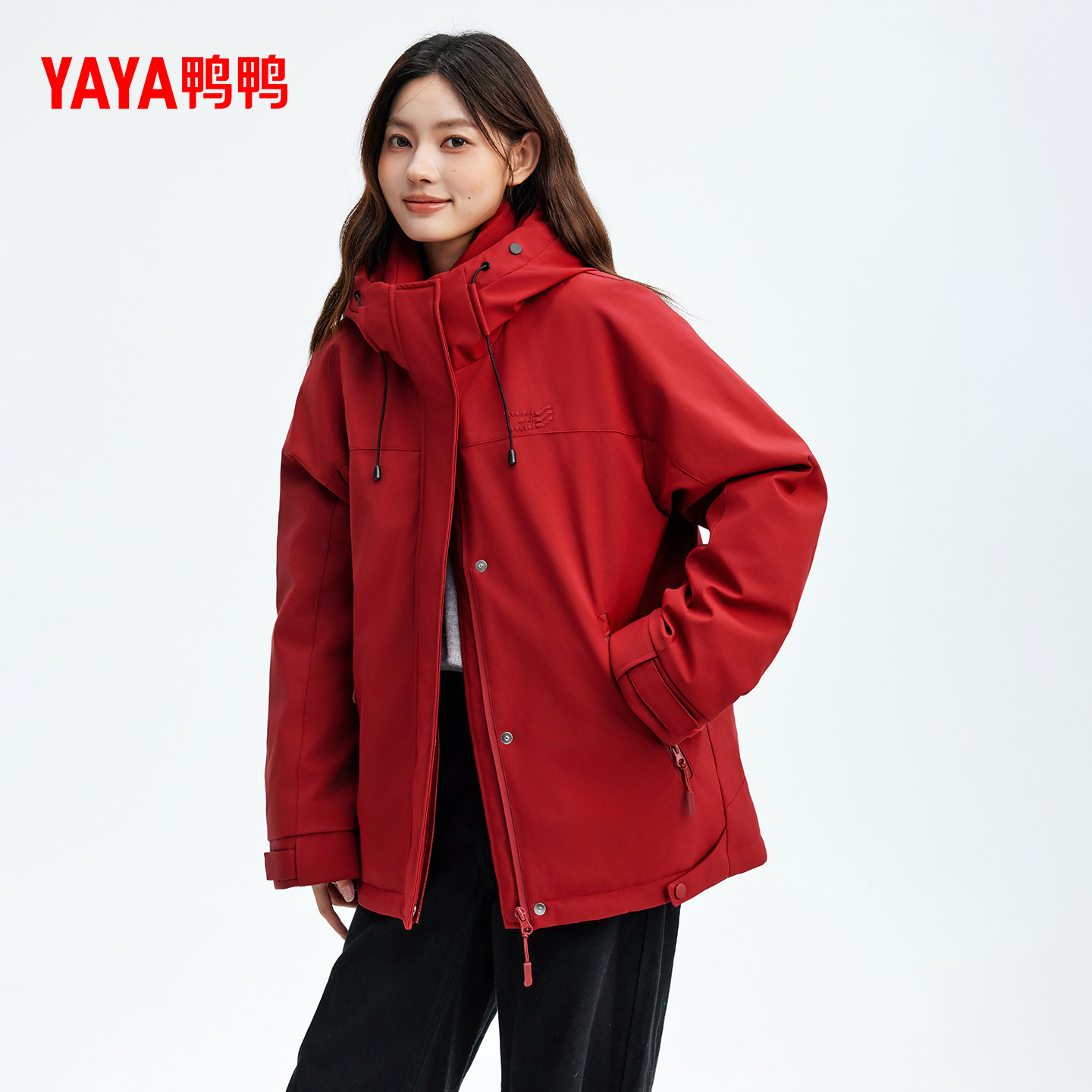 鸭鸭户外羽绒服女2025秋冬新品时尚拼色派克服短款连帽保暖外套J