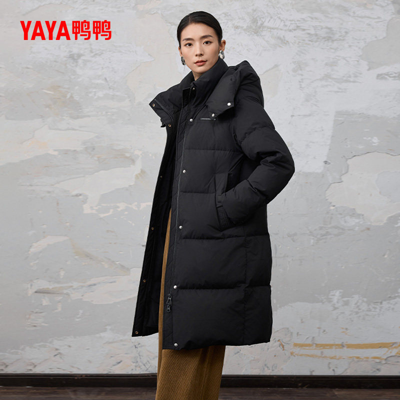 鸭鸭羽绒服女新品2025冬季新品时尚百搭蓬松过膝盖长款连帽厚外套
