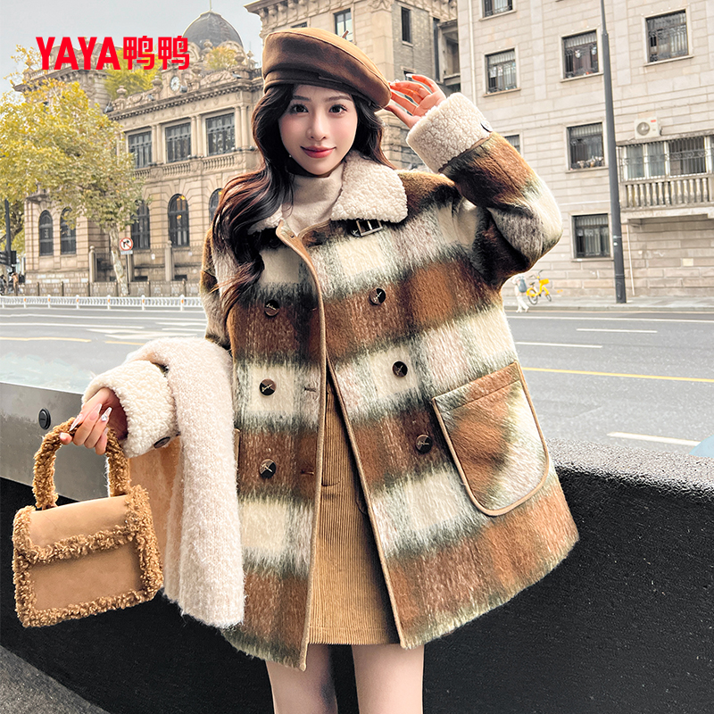 鸭鸭羽绒服女2025冬新品中长款时尚百搭舒适拼接翻领鸭绒保暖C