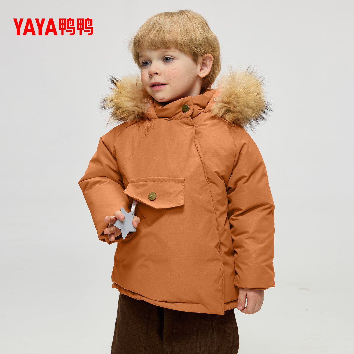 鸭鸭儿童羽绒服2025年冬季新品大毛领连帽立领百搭简约保暖外套F,淘宝优惠券,粉丝福利购,淘宝优惠卷