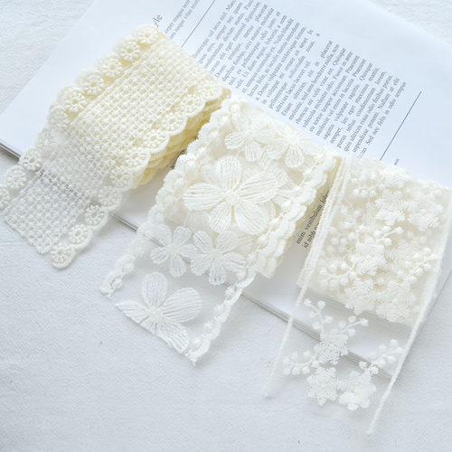 米色网纱刺绣花朵花边蕾丝 手工发饰头饰材料自制DIY大蝴蝶结发夹 - 图0