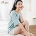 Top đồ ngủ dưa dưa nữ mùa hè cotton ngắn tay cotton mỏng phần dịch vụ gia đình phù hợp với cổ tròn sọc quần áo nhà có thể mặc bên ngoài - Bộ Pajama