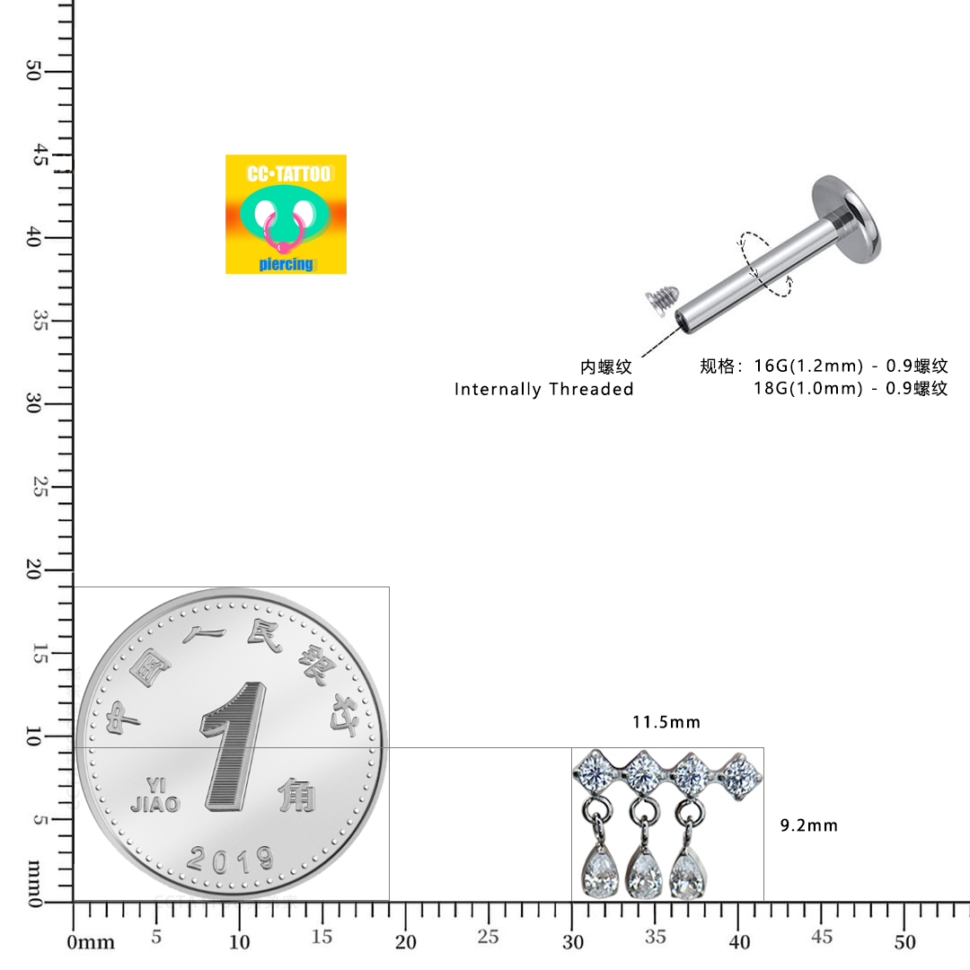 CC猪弟家 16G/18G三水滴坠高抛光钛合金耳钉耳骨钉耳窝钉内螺纹-图0