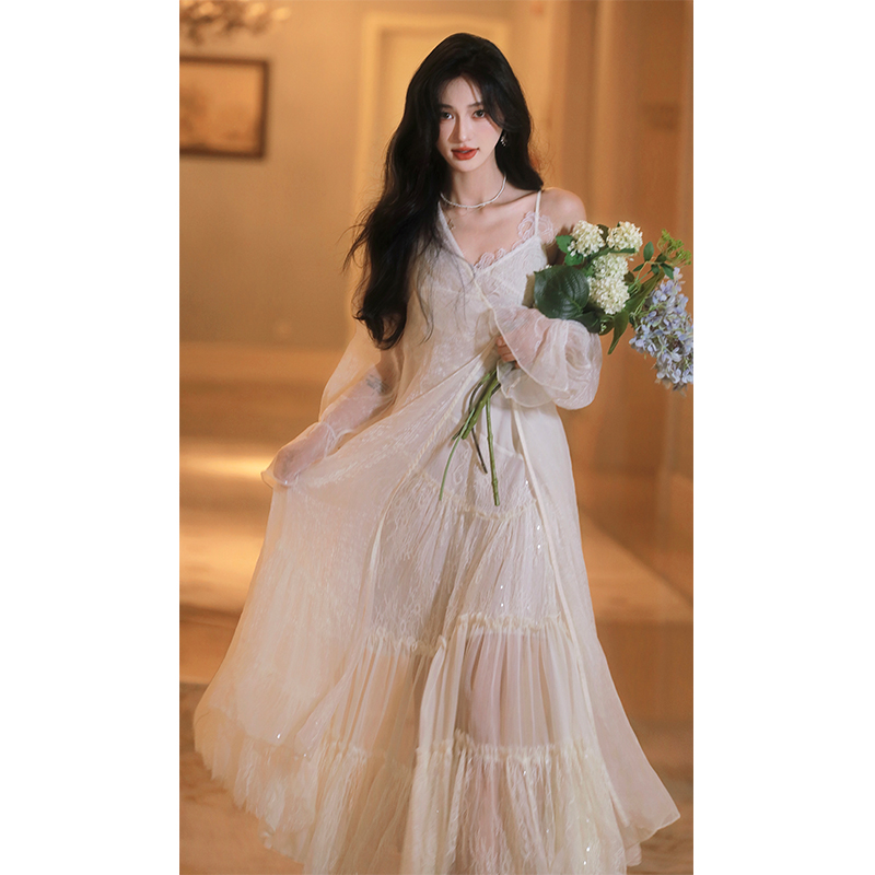 AZure轻法式复古连衣裙水溶蕾丝裙重工长裙拼接网纱小众吊带裙夏 - 图1