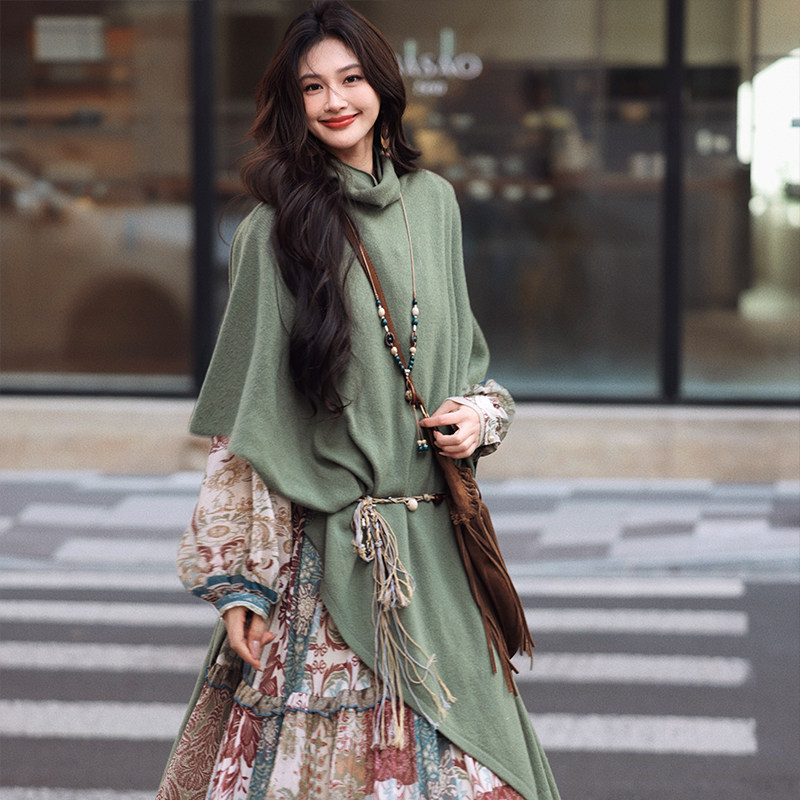 AZure温柔风复古绿色印花连衣裙灯笼袖大裙摆荷叶长裙V领雪纺裙女,淘宝优惠券,粉丝福利购,淘宝优惠卷