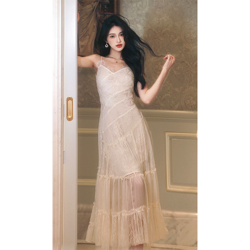 AZure轻法式复古连衣裙水溶蕾丝裙重工长裙拼接网纱小众吊带裙夏 - 图0