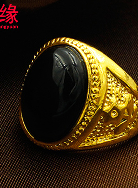 人工合成镀黄金镶玉戒子大老板镀沙金戒指男镶绿宝石戒指活口