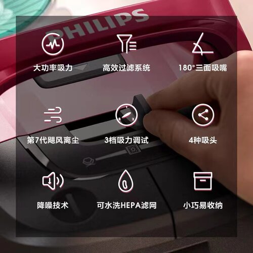 飞利浦吸尘器家用大吸力机强力大功率小型卧式除螨狗毛猫毛FC8632 - 图2