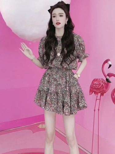 Модный шифоновый комбинезон, штаны, футболка, корсет, платье, юбка, подходит для подростков, цветочный принт, короткий рукав