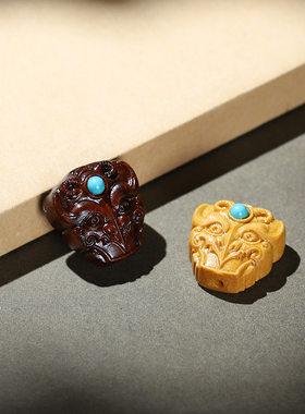 沉香木雕刻兽面背云diy配件