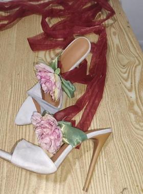 时装凉鞋 粉色花朵绑带细跟外贸女鞋宴会高跟鞋heels women s