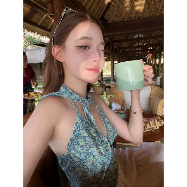 Lin You American brand handmade holiday blue geometric halter top + slp vtg ສິ້ນສາມມິຕິສອງມືສອງ