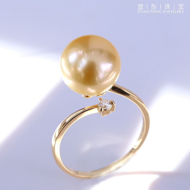 温柔浅金色 南洋金珠戒指 简洁高贵  天然海水珍珠18K金钻石戒指