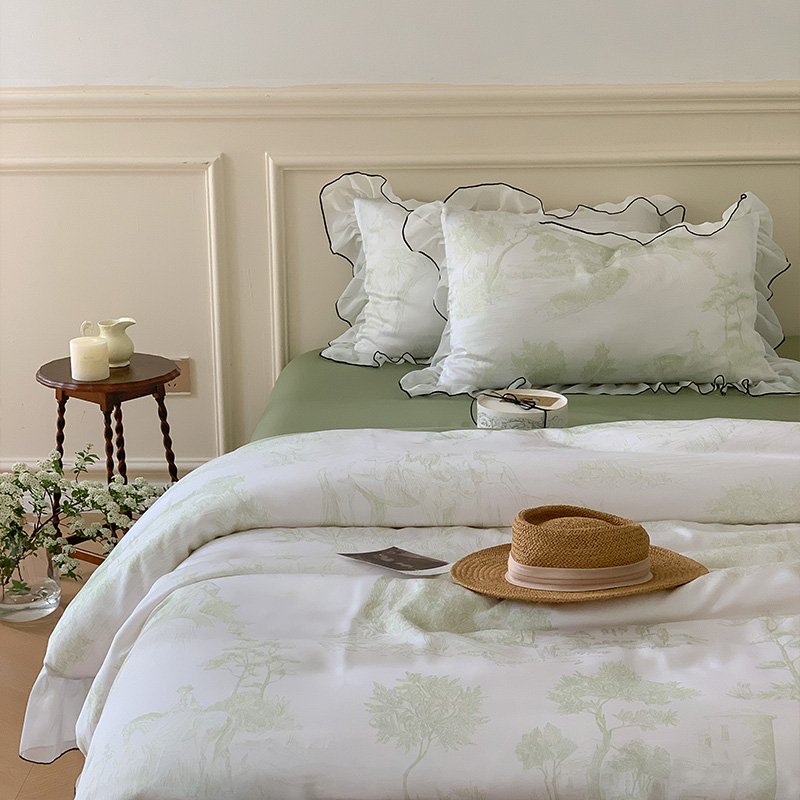 柔软丝滑|法式复古夏季60s绿色天丝四件套冰丝床单被套高级感床品 - 图2