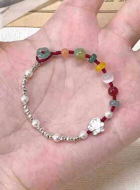小莲花拼接串珠碎银手链新款爆款手工编织红绳本命年手绳国风配饰