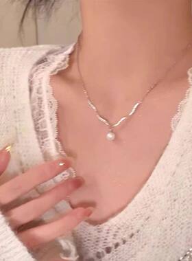 闪锆波浪珍珠吊坠锁骨链高级感轻奢小众项链女毛衣链气质颈链配饰