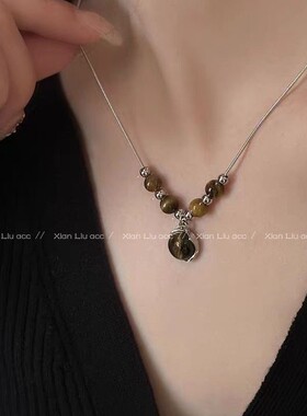 皮革虎眼石项链女复古气质