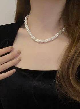 三层玻璃珍珠项链女轻奢小众高级设计感多层麻花锁骨链闺蜜颈链