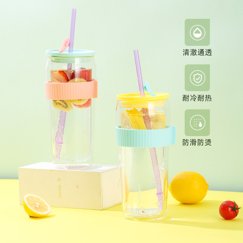 乐扣乐扣玻璃杯女生夏季高颜值双层吸管杯大容量杯子学生果茶水杯