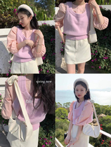 Xin help homemade 2023 Autumn Winter Exterior Lap Vest Stack Wearing Bottomless Kampung Shoulder Pink Knit Waistcoat Women