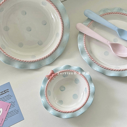 高级感复古立体蝴蝶结蛋糕套装可爱波浪边餐盘浅蓝色点心盘牛排盘 - 图1