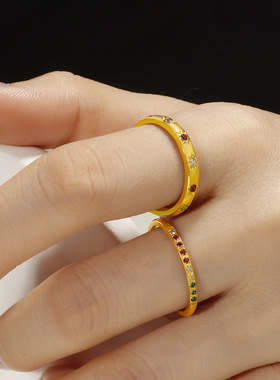 轻奢小众镶钻彩色锆石戒指女