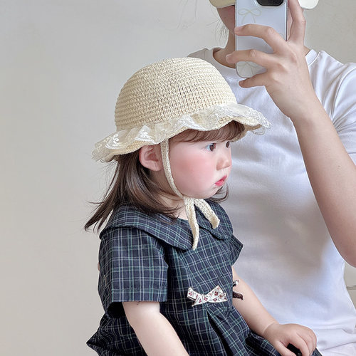 婴儿帽子夏季薄款透气编织草帽女宝宝小月龄出游沙滩洋气渔夫帽潮 - 图2