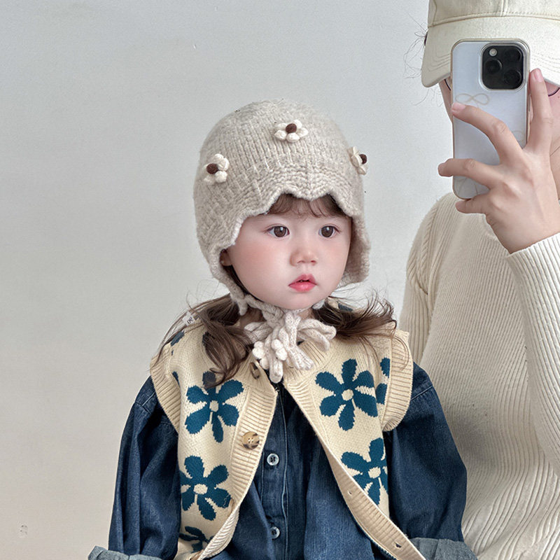 儿童帽子秋冬季保暖加厚防风护耳帽女宝宝韩系花朵防风出游毛线帽,淘宝优惠券,粉丝福利购,淘宝优惠卷