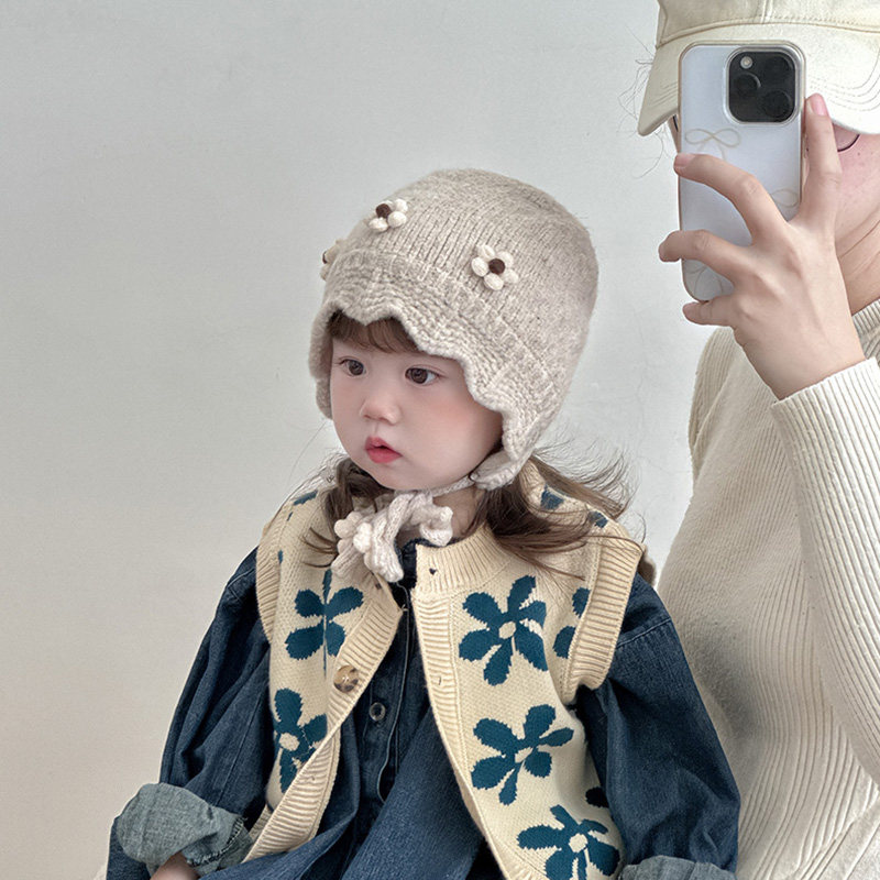 儿童帽子秋冬季保暖加厚防风护耳帽女宝宝韩系花朵防风出游毛线帽,淘宝优惠券,粉丝福利购,淘宝优惠卷