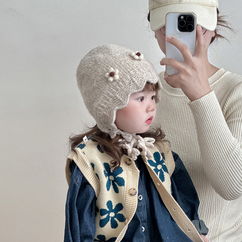 儿童帽子秋冬季保暖加厚防风护耳帽女宝宝韩系花朵防风出游毛线帽,淘宝优惠券,粉丝福利购,淘宝优惠卷