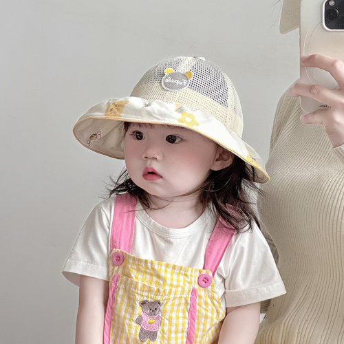 儿童帽子夏季薄款大帽檐遮阳防晒透气网眼渔夫帽男女宝宝出游盆帽 - 图0