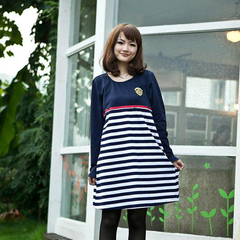 孕期短袖中长款休闲妈妈条纹连衣裙 慈颜连衣裙