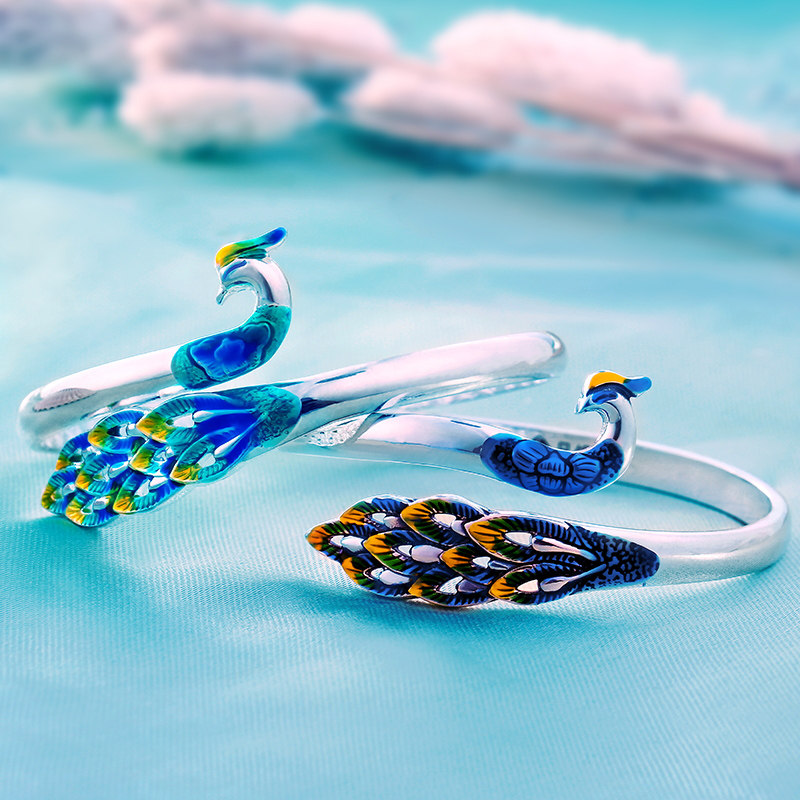 999景泰蓝孔雀复古民族风纯银手镯 佳人饰界手镯