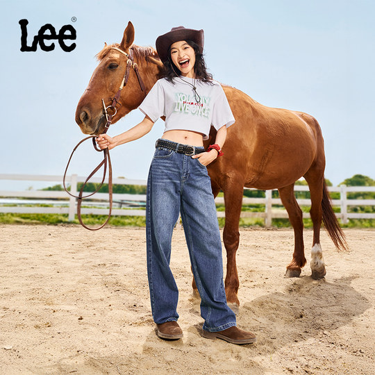 【张凌赫代言】Lee中蓝色水洗428懒懒裤高腰女显瘦宽腿牛仔裤潮流