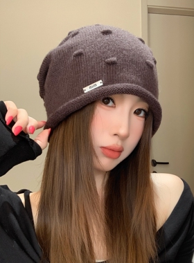 日系慵懒风抽绳针织堆堆帽女秋冬新款包头帽显脸小保暖护耳冷帽
