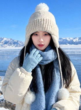 含羊毛针织帽子女秋冬季可爱毛球毛线帽显脸小护耳防寒保暖包头帽