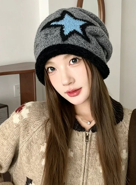 美式复古撞色星星毛绒堆堆帽大头围针织冷帽女秋冬季保暖护耳帽子