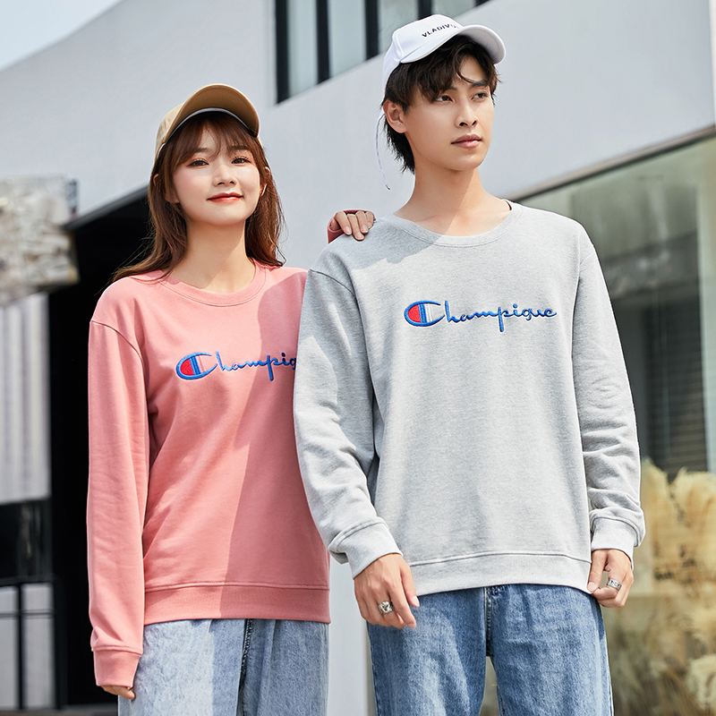 简意服饰专营店春秋季圆领卫衣男士刺绣宽松女上衣服居家休闲情侣学生连帽运动潮3