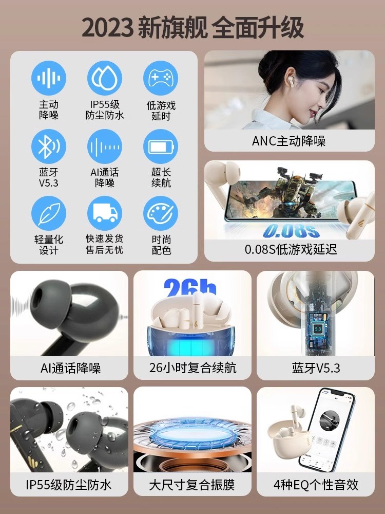 Edifier/漫步者 Z3 Pro主动降噪无线蓝牙耳机入耳式运动音乐定位 - 图0