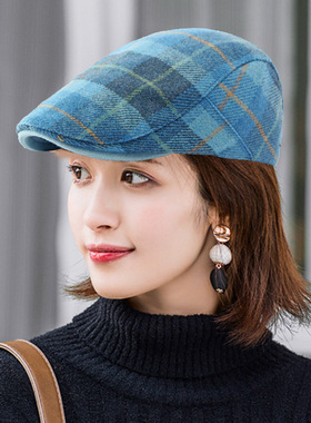秋冬新款毛呢保暖经典格纹贝雷帽子男女英伦复古前进帽文艺画家帽