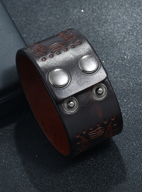 欧美跨境朋克复古牛皮手链百搭简约压印真皮手环义乌饰品