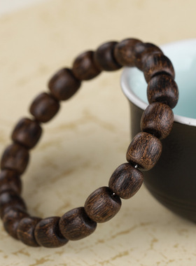 正宗越南沉香手串沉水级老型桶珠男佛珠文玩苹果珠素手链黑油老料