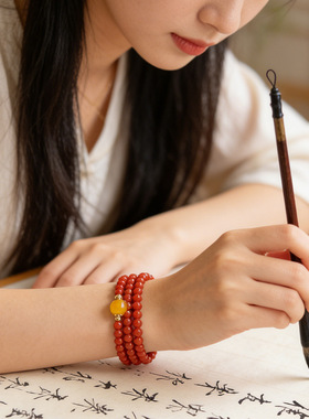 南红级玛瑙小米珠手串红色玛瑙三圈多圈叠戴蜜蜡转运珠新年手链