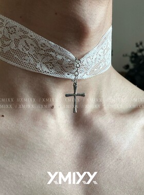 新款蕾丝气质颈链十字吊坠choker少女感气质脖颈链甜酷风