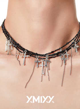 高级感多层十字架水晶流苏锁骨链