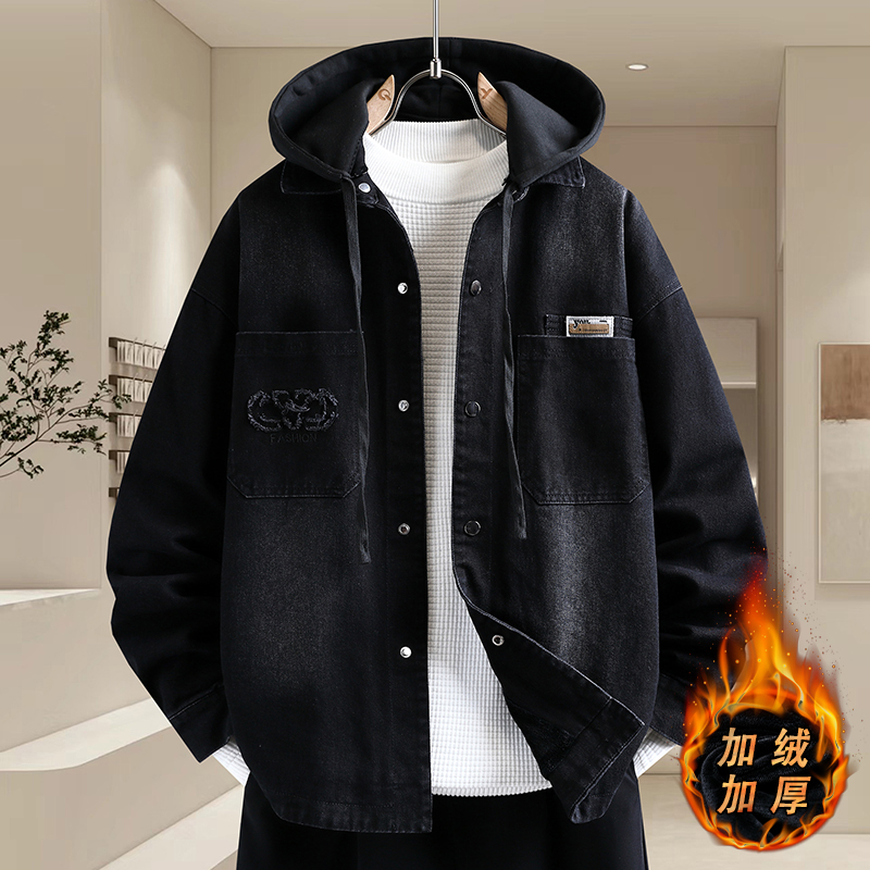 时尚连帽牛仔外套男士秋冬季加绒加厚夹克帅气青少年男装棉服上衣 - 图1