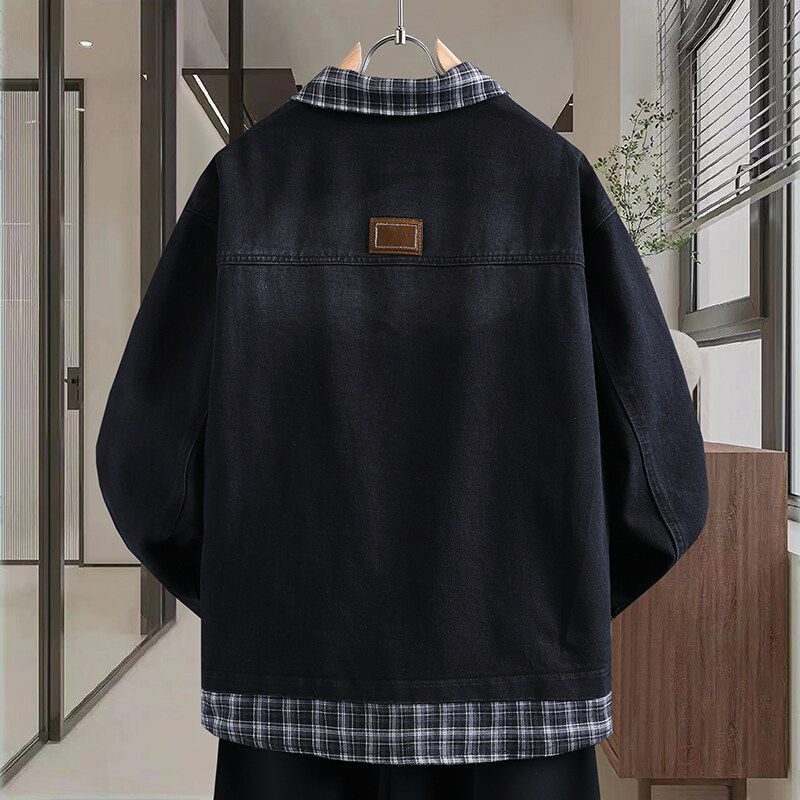 格子拼接假两件牛仔外套男士春秋季高级感痞帅夹克青少年男装褂子,淘宝优惠券,粉丝福利购,淘宝优惠卷