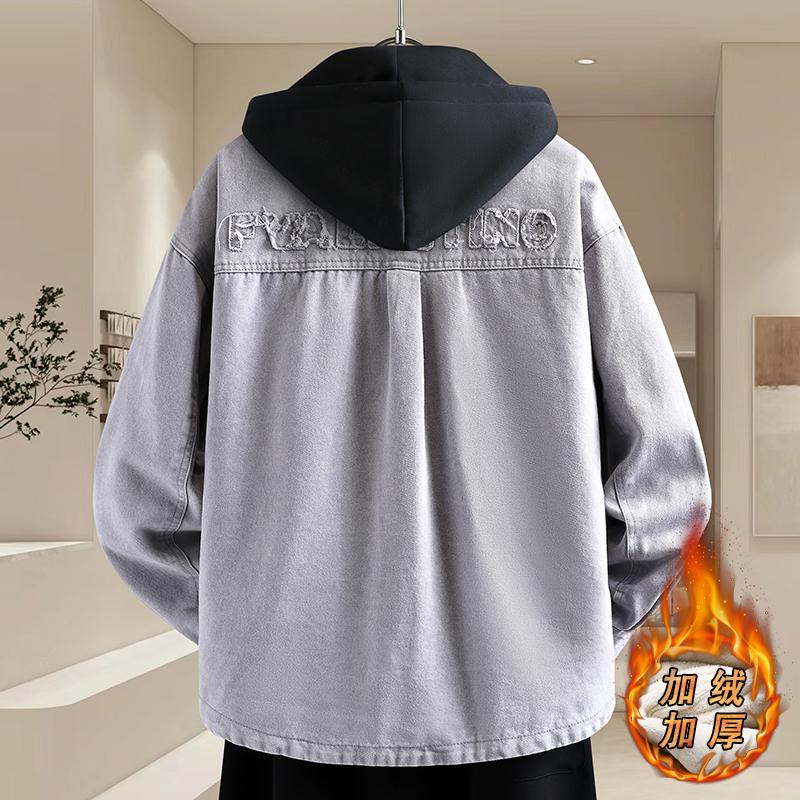 时尚连帽牛仔外套男士秋冬季加绒加厚夹克帅气青少年男装棉服上衣 - 图0