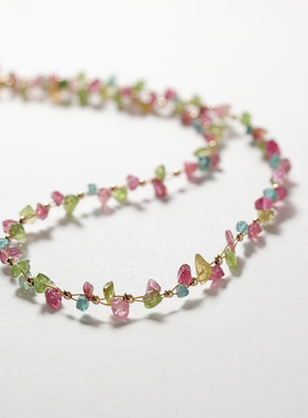 天然碧玺水晶碎石手链项链套装双层编织美国14k包金原创设计饰品