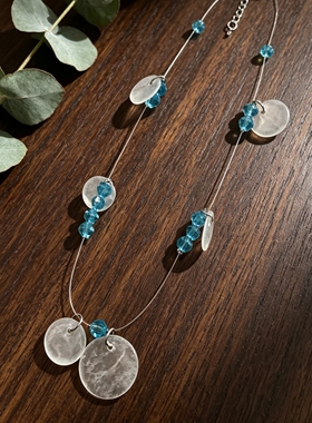 小清新蓝色水晶串珠锁骨链天然贝壳春夏项链海边度假风颈链配饰女